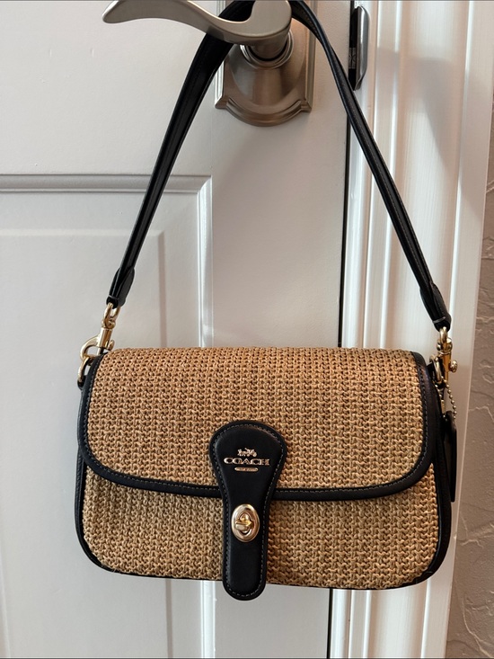 Coach Handbags - Coach Hadley Natural Straw and Black Leather Shoulder Bag with Gold Hardware